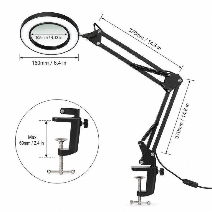 Lupa LED Mesa 10X 72 LEDs USB Brazo Articulado